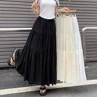 New Women Korean Tiered Maxi Skirt Elastic Waist Casual Solid Color A-line Faldas Mujer Holiday Streetwear Long Black Skirt