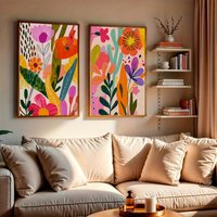 2pcs/set Bohemian Spring & Summer Flower Canvas Printing Vertical Abstract Plant Flower Wall Art Poster for Modern Home Decor