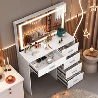 White Modern Makeup Vanity Dressing Table with LED Lighted Mirror and Multiple Storage Drawers, Cosmetic Makeup Desk for Bedroom