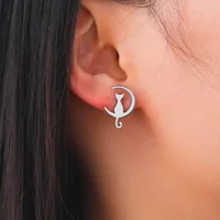 Skyrim Stainless Steel Moon Cat Stud Earring Simple Korean Style Ear Jewelry for Women Girls 2025 Trendy Wedding Gift Wholesale