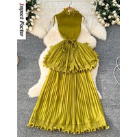 Miyake Summer Ruffles Long Dresses Women Sleeveless Lace Up Design Edible Tree Fungus Temperament Ladies Luxury Senior Dress