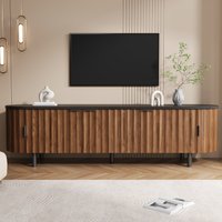 Szafka pod telewizor z 5 drzwiczkami, mebel multimedialny z MDF, z rzeźbioną frontową powierzchnią i zaokrąglonymi krawędziami, mebel do przechowywania sprzętu multimedialnego z metalowymi nogami i