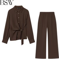 BSAY Pants set 2pcs suit 2025 autumn new lapel long sleeved knot decorated shirt or elastic high waisted wide leg trousers mujer