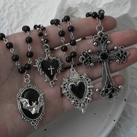Gothic Bat Cross Dark Pendant Necklace Set, Y2K Personalized Thorn Love Black Bead Stacked Necklace Set, Suitable as Halloween G