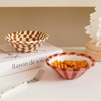 1Pc Rose Striped Ceramic Bowl, Creative Design Hand-Painted Checkerboard Ceramic Dessert Bowl, Exquisite and Aesthetically Pleasing, Suitable for Daily Household Tableware, Ice Cream Bowls for