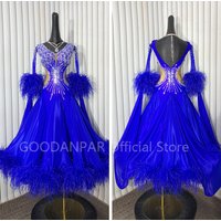 GOODANPAR Long Sleeve New Standard Ballroom Dance Dress Women Girls Competition Costume Sleeveless Lycra Waltz Stage royal blue