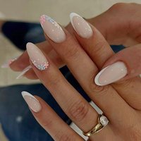 24pcs Simple Almond Press on Nails Flower Design White French Fake Nails Sets Detachable Ins Round Head False Nail Tips Manicure
