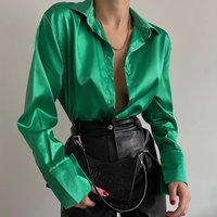 Chemise d'automne col Polo femme bureau dame blouse Vintage bleu vert chemise ample boutonné chemises noir hauts à la mode