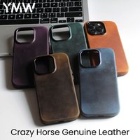 YMW Scratc Crazy Horse Echtledertasche für iPhone 16 15 Pro Max Plus 14 13 Mini Magnetische PULL-UP Rindsleder-Telefonabdeckung