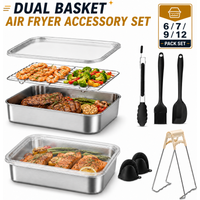 6/9/12 Pack Dual Zone Air Fryer Accessories Stainless Steel Baking Pan With Wire Rack Lid Reusable Liner Set For Kitchen Cooking