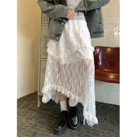 Deeptwon Weiße Spitze Asymmetrischer Rock Frauen Fairycore Süßer Vintage Mittlerer Unregelmäßiger Rock Koreanischer Stil Ästhetische Rüschenröcke