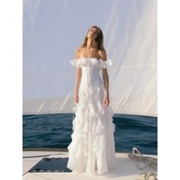 Off-the-shoulder ruffle trim vacation-style dress, white sexy and elegant long dress for women, 2026 Spring new arrival.
