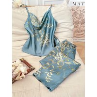 Cherry Print Chemise halter Long Pants Casual Comfortable Women's Sleepwear Set