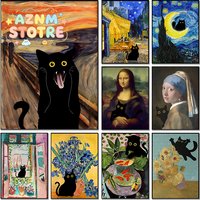 Famous Paintings Mona Lisa Starry Night With Funny Black Cat Poster Canvas Painting Sunflower Reproduction Wall Art Home Deco
