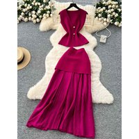 Summer Women Sleeveless Knitted Top High Waist Splicing Hip Hugging Skirt Set Temperament High-end Two-piece Set