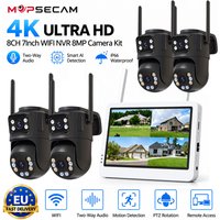 5MP 8CH 7-Zoll-Bildschirm WiFi NVR Sicherheitskamerasystem 8MP Dual-Lens-Kamera-Kit 4-teiliges drahtloses CCTV-Überwachungssystem mit 4K Ultra HD 355 ° Herr 90 ° Neigbare PTZ-Kamera mit