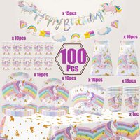 Rainbow Unicorn Girl Birthday Decorations Supplies Tableware Number Balloon Tablecloth Backdrop Party Balloons Kids Party Favors