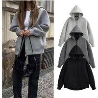 PRINTKAOIR Autumn Women Gray Jacket With Hood Long Sleeve Big Pocket Zipper Jacket Coat Woman Loose Casual Outerwear Coat Tops