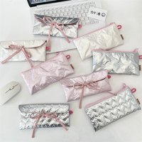 Quilted Bow Flip Pencil Case Women Portable Coin Purse Multifunctional Student Stationery Storage Bag