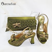 2025 Elegant Women's Peep-Toe Heels and Matching Olive Color Diamond Pumps Set Stylish Italian Shoes and Bags for Parties