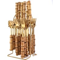 Ensemble de Couverts Créatifs en Acier Inoxydable avec Manche en Bambou, Ensemble de Vaisselle de Luxe avec Couteau, Fourchette, Cuillère, T1, 6 à 24 Pièces