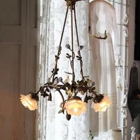 LED French Flower Full Copper Pendant Light Glass Shade Hanging Lamp Modern Home Decor Ceiling Lighting For Living Room Bedroom
