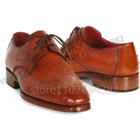 Brown Ostrich Pattern Square Toe Strappy Men Derby Shoes Fashion Lace up Men Shoes Luxury Handmade Party Banquet Men Dress Shoes
