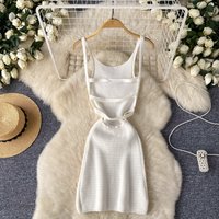 Summer Women Fashion Sexy Sleeveless Sundress Off Shoulder Knitted Strap Dress Hollow Out Backless Solid Color Wrap Mini Dress