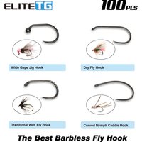 Elite TG 100PCS Fly Fishing Hooks Trout Nymphs Flies Caddis Wide Gape Jig DIY Fly Material High Carbon Steel Hook