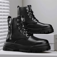 Men's high cut thick soled motorcycle work boots in autumn and winter, black leather shoes, men's mid cut trendy shoes
