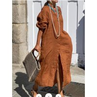 2024 Spring Cotton Linen Women's Long Buttons Shirt Dress V-neck White Dresses Female New Fashion Elegant Loose Ladies Clothes