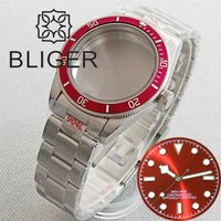 BLIGER 39mm Watch Case Red Bezel Wine Red Dial Set StainlesSteel Case Domed Sapphire Glass Fit NH34 NH35 ETA2824 PT5000 Movement