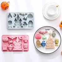 VERIDIAN 9-Cavity Castle Tombstone Mummy Silicone Mold Pumpkin Halloween Theme Fondant Candy Chocolate Mould Cake Decoration