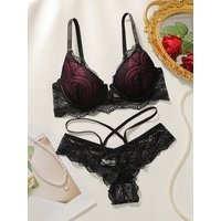Ladies' elegant perspective deep V-ring bra with full coverage and lifting semi lace texture pure black low cut underwear L093