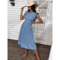 Robe longue d'été rétro pour femmes, col rond, sans manches, mi-longue, taille haute, florale, ligne A, Chic