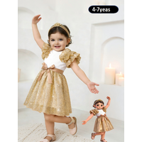 Summer A-line knee-length dress for girls aged 4 to 7 for the Eid al-Fitr, golden prayer Ramadan dress