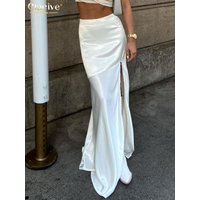 Clacive Sexy Loose White Satin Skirts For Women 2024 Fashion High Waist Long Skirt Elegant Chic Slit Skirt Female Clothing