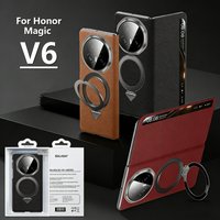 Sulada Genuine Leather Smart Window View for Magsafe Flip Case for Honor Magic V6 V5 Metal Magnetic Ring Holder Kickstand Cover
