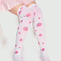 Women Lolita Strawberry Print Stockings Sweet Over Knee Long Socks Kawai Thigh High Socks Japanese Style White Stocking Girl