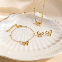 Stainless Steel Bowknot Jewelry Set Tarnish Free, Women's 3pcs Necklace Bracelet Stud Earrings, Beaded Chain Minimalist Jewelry