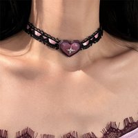 Y2k Girl Style Purple Satin Ribbon Lace Heart Shaped Bow Choker For Ladies A Fashionable Neckpiece For Parties