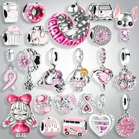 Pink Series Charms Beads 925 Silver Cute Animal Flower Car Coffee Cup Pendant Fit Original Bracelet DIY Jewelry Gifts For Women