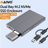 MAIWO NVMe M.2 SSD Case 10Gbps Dual Bay M2 PCIe NVMe SSD Enclosure USB 3.1 GEN2 Type-c ssd Adapter with UASP Trim 16TB Tool Free