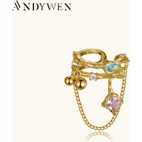 ANDYWEN New 925 Sterling Silver Colorful Zircon CZ Ear Cuff Rainbow Chain Earcuff Clips Piercing Luxury Fine Jewelry