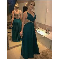 Women's Sexy Long V-Neck Beaded Prom Dresses A-Line Criss Cross Back Formal Occasion Evening Party Gown Vestidos De Gala BM400