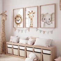 3 Stück Safari Tier Kinderzimmer Drucke Aquarell Löwe Giraffe Elefant Wandkunst Raumdekoration Boho Dschungeltiere Junge Mädchen Geschenk Poster