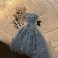 Verngo Slate Blue Tulle Flowers Evening Dress Strapless A Line Pleated Prom Gowns Women Graceful Party Dresses Customized