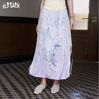 ELFSACK Women's Artistic Satin Butterfly Print Skirt with Lace Tassel, High Waist A-Line Midi Skirt, Elegant Oriental Bottoms