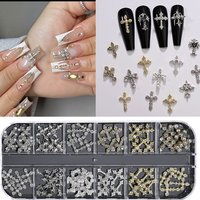 1Box(12Grid) Metallic Gold Silver Cross Nail Art Charms Sparkling Clear Crystal Nail Rhinestone Flatback Diy Manicure Decoration