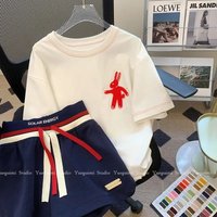 Oversized Women Clothes Cartoon Athleisure Fashion Short Sleeve T-Shirts Sets Female Summer Loose Patchwork Two-piece Suit
